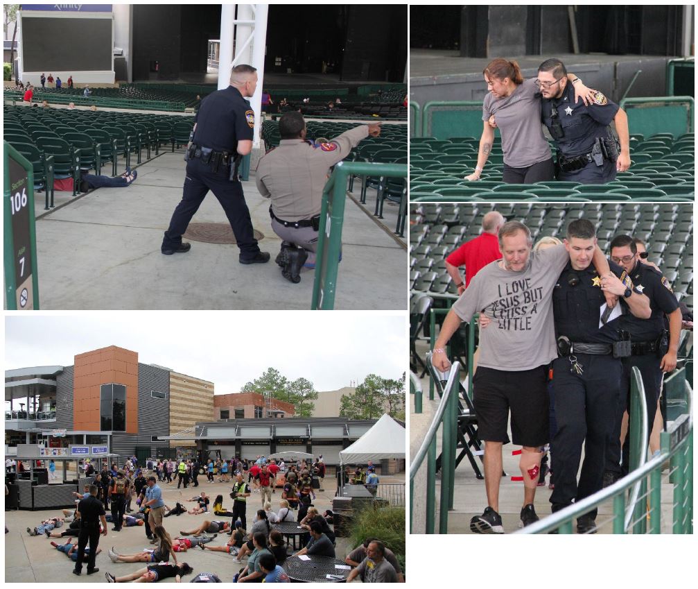 Collage of four pictures taken during the training exercise. Top right contains two deputies working together inside the pavilion. Right top and right bottom contain deputies helping "injured victims" walk out. Bottom left photo contains "victims" being triaged at the main entrance of the pavilion. 